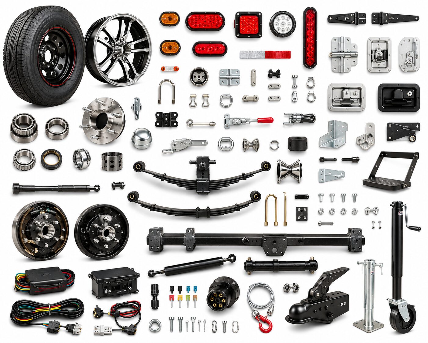 Collection of trailer parts including wheels, rims, axles, suspension, hinges, latches, and lighting components laid out on a white background.