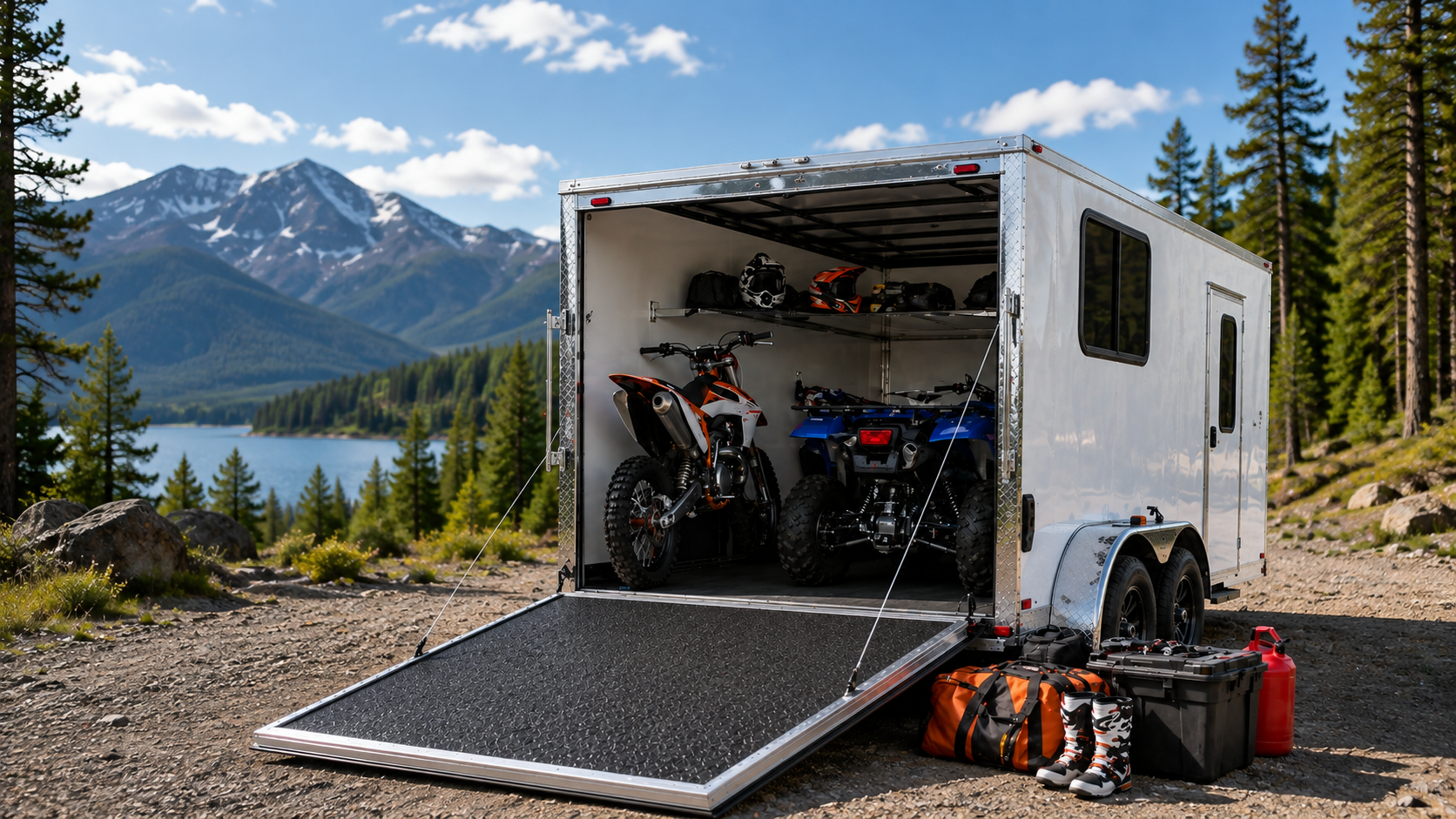 Off-road gear trailer with two dirt bikes inside, open ramp, and riding gear laid on shelves beside a mountain lake scene